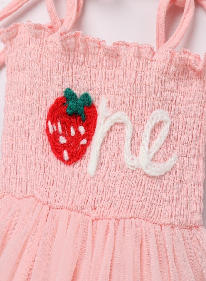 ODOLDI Baby Girls 1st Birthday Outfit Spaghetti Straps Romper Tutu Dress Headband One Year Old Party Cake Smash Photoshoot Outfits Pink Strawberry 12-18 Months - Image 4